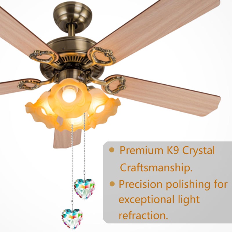 Hyamass Ceiling Fan Pull Chain Extender - 2 Pack 12 Inches Decorative Crystal Heart Prism Pendants with Ball Chain Connectors for Fan Light Chains (Replacement Pull Chains) (AB COLOR) - Image 2